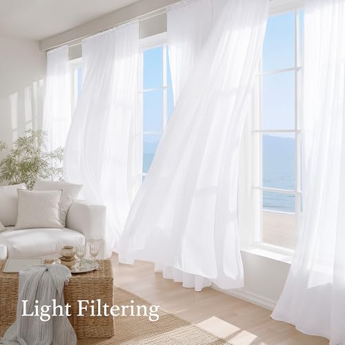 NICETOWN White Sheer Curtains 102 Inch Length, Rod Pocket Panels (2-Pack)