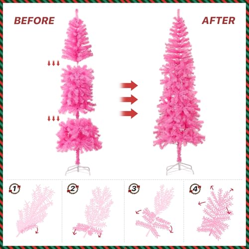 Pink 7ft Hinged Artificial Christmas Tree with Metal Stand - Slim & Easy Assembly