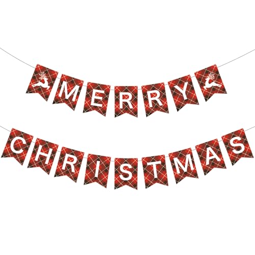 Pre-Strung Merry Christmas Banner - Red & Black Check Decoration