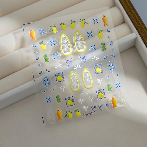 Tephrent 3 Sheets 5D Embossed Summer Fruit Lemon & Floral Nail Stickers