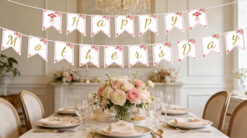 Happy Mother's Day Floral Banner with Gold Glitter Letters