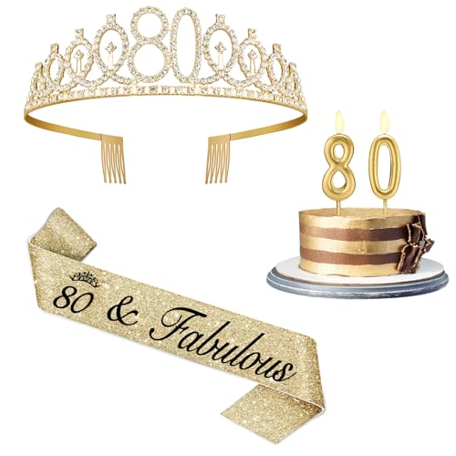 Gold 80th Birthday Decorations Set for Women - Tiara, Sash & Candles