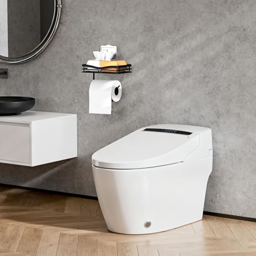 YIGII Wall-Mounted Toilet Paper Holder with Shelf - Matte Black