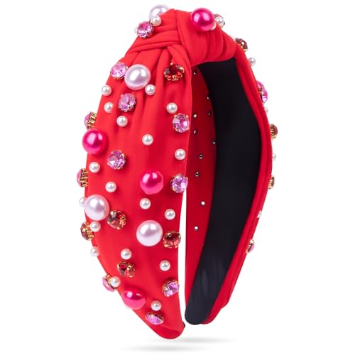 BLAAROOM Red Knotted Pearl & Rhinestone Headband for Women