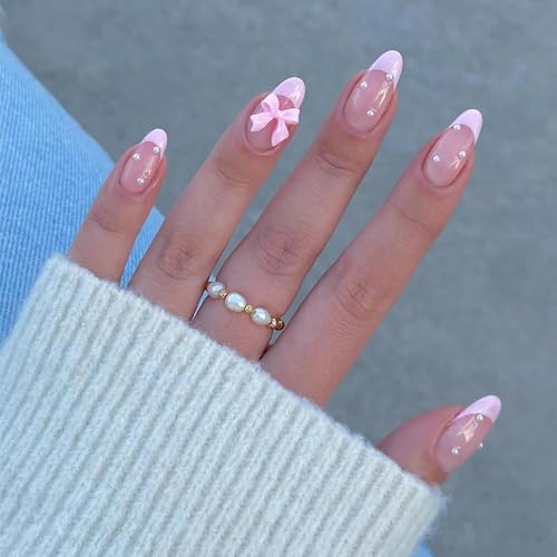 French Tip Press on Nails with Pink Bow Glossy Almond False Nails Kit