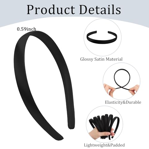 Black Satin Headbands for Women 20PCS - 1 Inch Thin Hair Bands for DIY Crafts