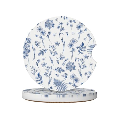 Vintage Blue Flower Car Coasters - 2 Pack Ceramic Cup Holder Accessories