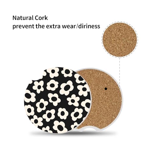 Absorbent Car Coasters 2 Pack - White Flower Ceramic & Cork Drink Holders