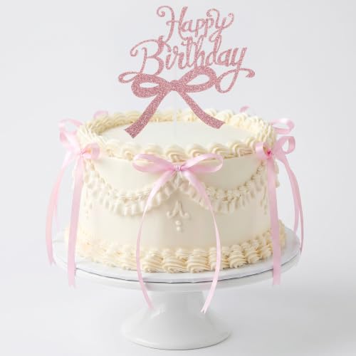 18PCS Pink Bow Cake Toppers with Happy Birthday Topper