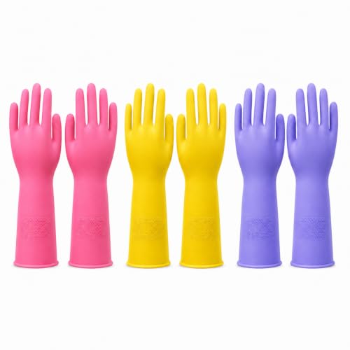 SLICK KIT Rubber Dishwashing Gloves 3 Pairs - Pink, Yellow, Purple, Medium, Touchscreen Friendly