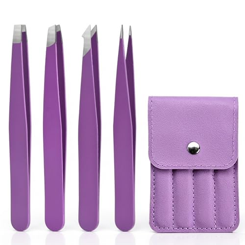 Purple Tweezers Set, 4 Pack Stainless Steel Precision Eyebrow Tweezers