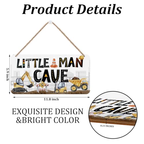 Little Man Cave Sign - Boys Construction Truck Wooden Wall Plaque Multi0456