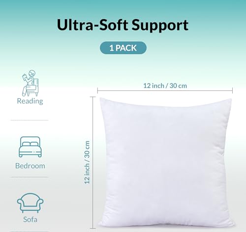12x12 White Pillow Insert Pack of 1 - Down Alternative Square Cushion for Bed & Couch