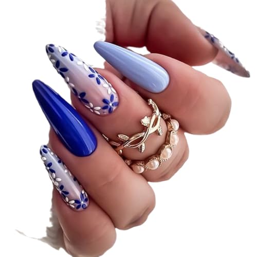 Blue Gradient Stiletto Press on Nails with Floral Designs, 24 Pcs