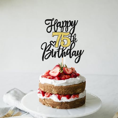 Happy 75th Birthday Cake Topper - Black Gold Glitter Decoration