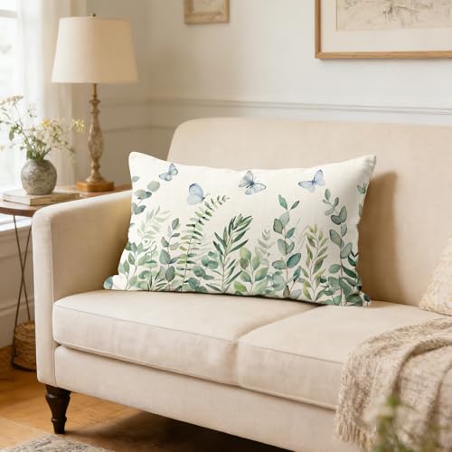 Eucalyptus Floral Butterfly Pillowcase 12x20 Inch | Double-Sided Linen Cushion Cover