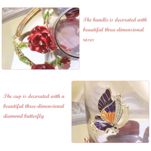 Elegant Flower Tea Cup with Butterfly Rose Design and Matching Spoon - Hot & Cold Drink Mug with Gift Box - Gold Red Variation