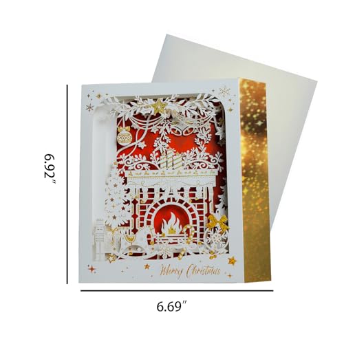 3D Christmas Card with Gold Foil - Pop Up Holiday Greeting Card with Winter Scene, Christmas Fireplace Paper Carved Box