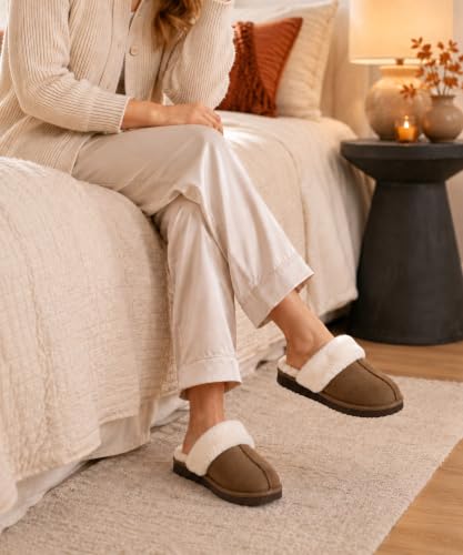 Fuzzy Memory Foam Slippers for Women - Mocha, Indoor House Shoes