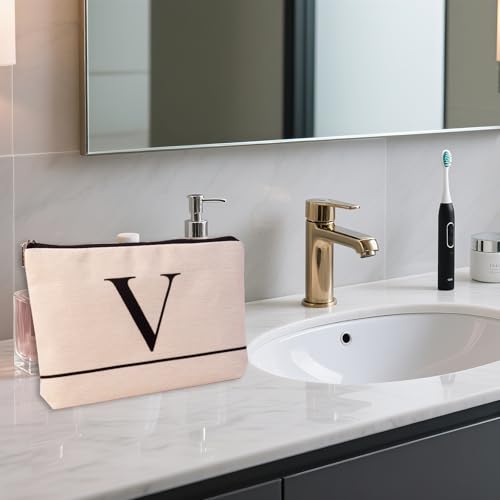 Initial Letter V Personalized Makeup Bag Monogrammed Travel Cosmetic Pouch