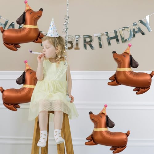 4 PCS Dachshund Dog Foil Balloons - Brown Puppy Birthday Decorations