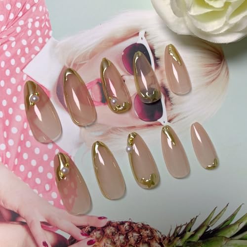 Almond Press on Nails Gold French 3D Pearl Acrylic Fake Nails 24 Pcs