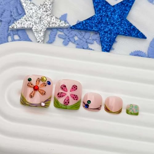 French Tip Press On Toenails Short Square 3D Flower Rhinestone