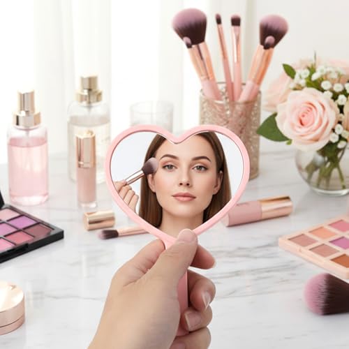 Bremorou Heart Shaped Handheld Makeup Mirror Small Pink Travel Mirror