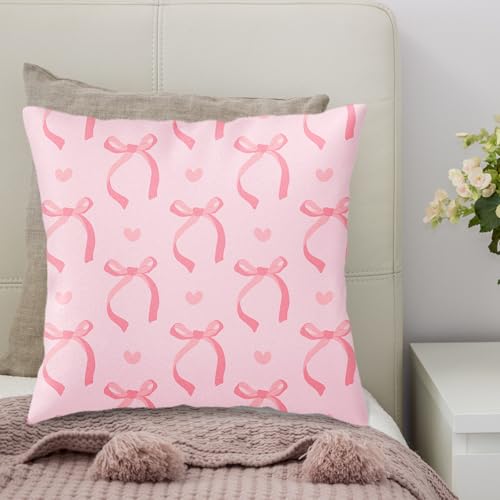 Pink Bow Pillow Covers Set - 2 Decorative 18x18 Cushion Cases