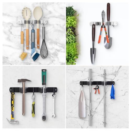 voze Stainless Steel Broom and Mop Holder - 2 Racks and 3 Hooks, Silver