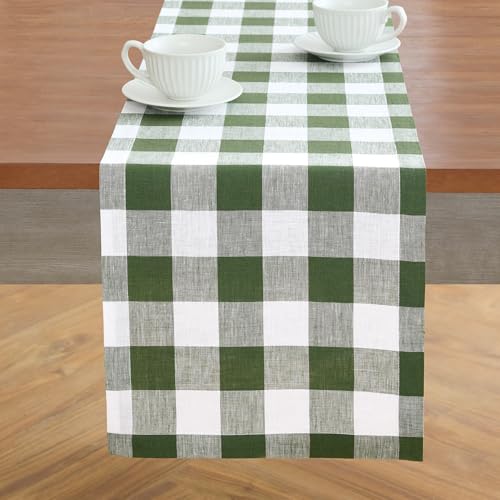 Solino Home Linen Buffalo Check Table Runner 14x108 Inches - Olive Green & White