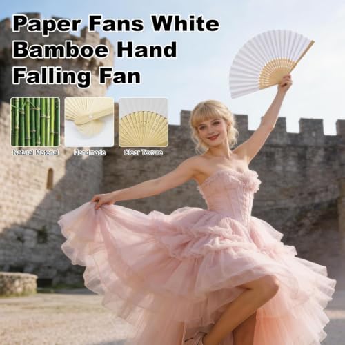 12 Pack Elegant Paper Hand Fans - Foldable Bamboo Handheld Fans for Weddings