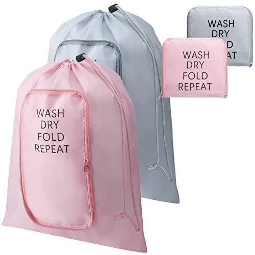 Boao Travel Laundry Bag Set - 2 Pcs with Zipper Drawstring (Classic, Pink/Gray)