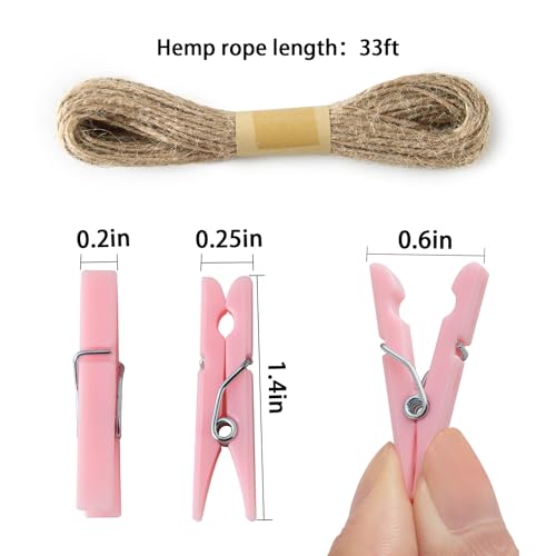 100 Pcs Pink Mini Clothespins with Jute Twine for Baby Shower