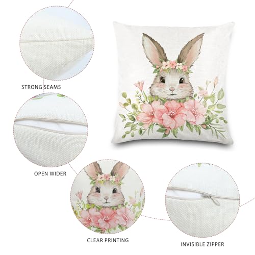 YUJUN Easter Pillow Covers - 18x18in Rabbit & Flower Design, 4 Pack