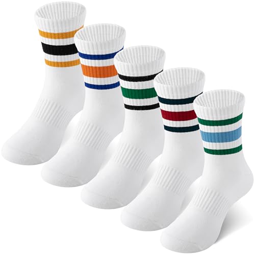 Unisex Kids Crew Cotton Socks for Girls and Boys School Uniform - Large, 3 Stripes White Set