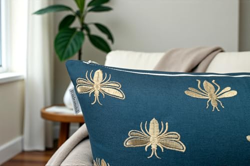 Rudransha Golden Bee Embroidered Pillow Cover, 18x18 Teal Cotton Square