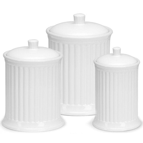 Omniware Simsbury 3-Piece Canister Set - Stoneware Kitchen Storage with Silicone-Sealed Lids, Lead-Free Glaze & Dishwasher Safe - Rustic Farmhouse-Style Flour & Sugar Containers (White)