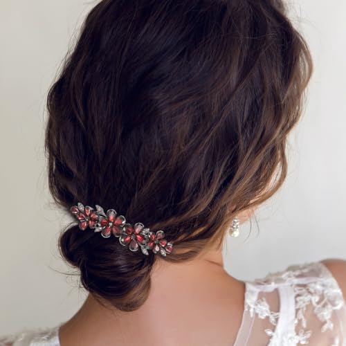 Dark Red Rhinestone Flower Hair Clip Crystal Bridal Barrette