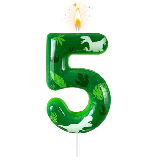 Number 5 Dinosaur Birthday Candle - Green Jungle Theme Cake Topper