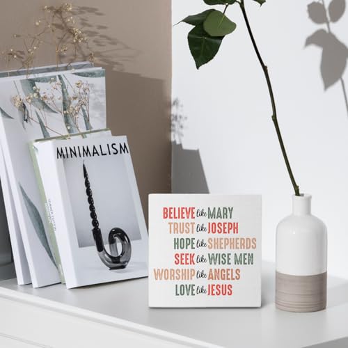Christmas Wooden Sign - Believe Like Mary Inspirational Rustic Decor, 5x5 Inches - Holiday Home & Office Decor
