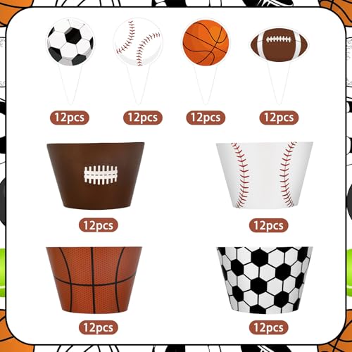 48 Pack Sports Cupcake Toppers & Wrappers for Birthday Parties