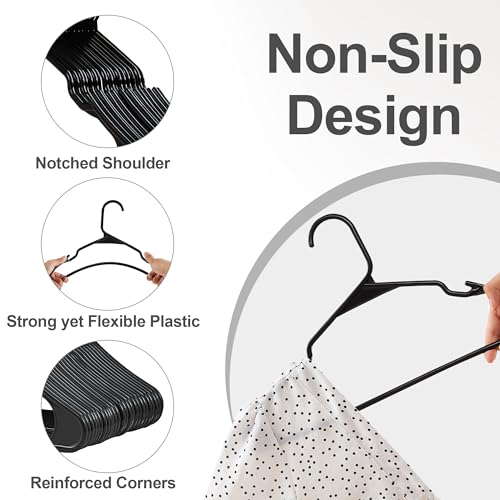 VECELO 25 Pack Plastic Hangers-Clothes Hangers with Shoulder Non Slip Notches,Clothing Hangers for Closet Space Saving-Heavy Duty Coat Hanger,Black