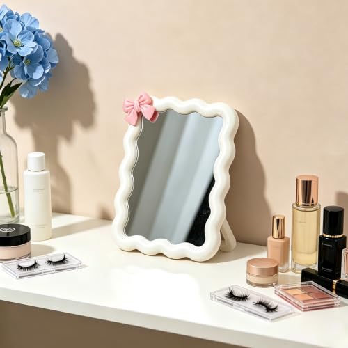 Wave Desktop Makeup Mirror with Adhesive Bow - White, 6.7x5.3 Inch