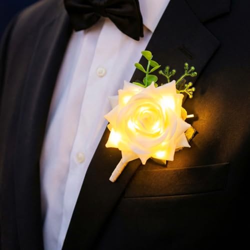 Light Up White Rose Boutonniere with LED for Groom Prom Wedding