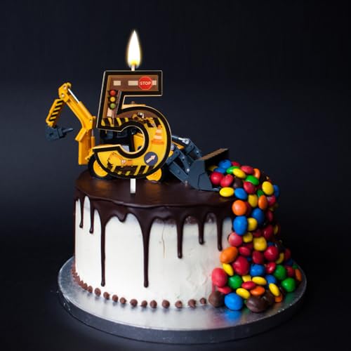 Construction Birthday Candle - Yellow & Black Striped Number 5 Cake Topper