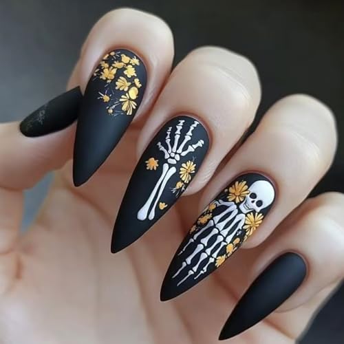 AROVFAM Halloween Press on Nails Medium Almond Skull Fake Nails 24Pcs