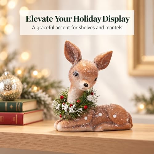 Woodland Fawn Figurine with Holiday Wreath - 6 Inch Resin Christmas Decor