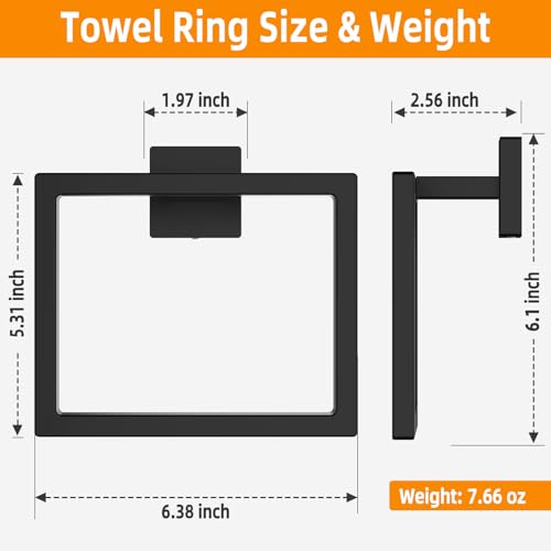 Matte Black Square Towel Ring - SUS304 Stainless Steel, Wall Mounted, 1 Pack
