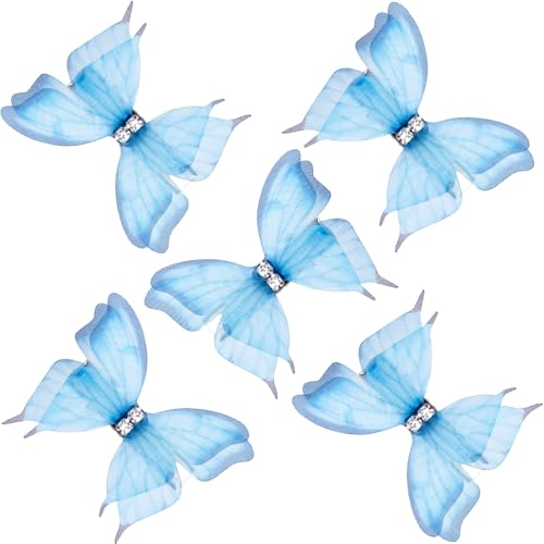 SmallCat 5pcs Gradient Blue Butterfly Hair Barrettes with Rhinestone Organza